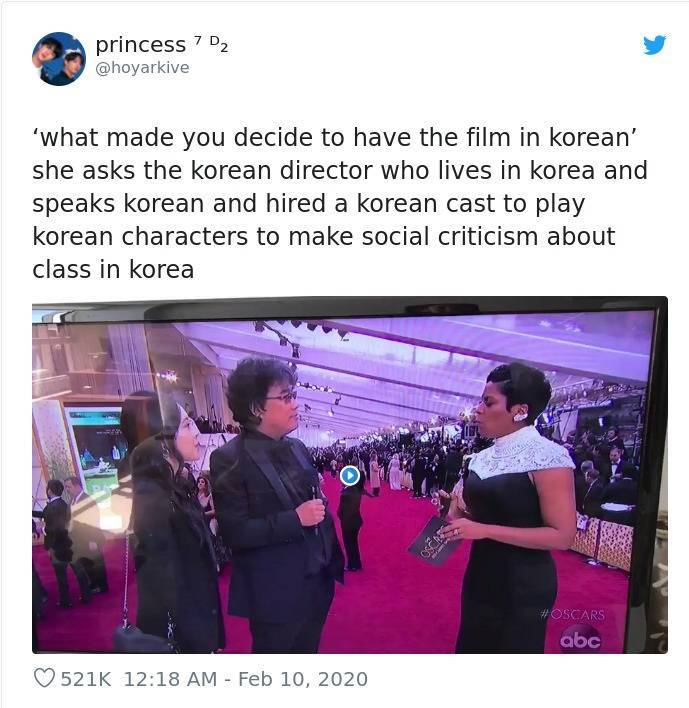 presentation - princess 7 D2 'what made you decide to have the film in korean' she asks the korean director who lives in korea and speaks korean and hired a korean cast to play korean characters to make social criticism about class in korea abc