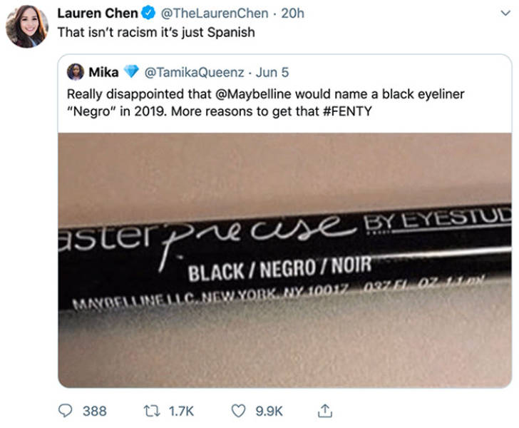 cosmetics - Lauren Chen 20h That isn't racism it's just Spanish Mika @ TamikaQueenz. Jun 5 Really disappointed that would name a black eyeliner "Negro" in 2019. More reasons to get that ister precise By Eyestuu Black Negro 7 Noir Mayofluine Llc.New York, 