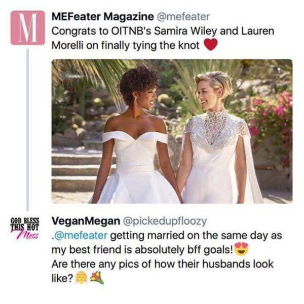 orange is the new black samira wiley wife - M MEFeater Magazine Congrats to Oitnb's Samira Wiley and Lauren Morelli on finally tying the knot God Bless VeganMegan Mhess . getting married on the same day as my best friend is absolutely bff goals! Are there