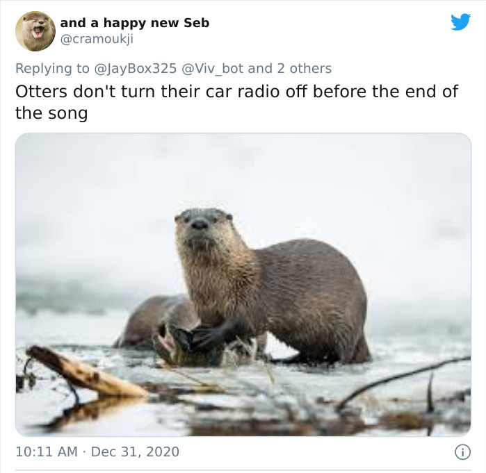 and a happy new Seb and 2 others Otters don't turn their car radio off before the end of the song