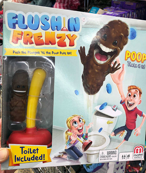 Flushan Frenzy Push the Plunger 'til the Poop Pops Up! Poop There it is! Toilet Included! A Warning Dhonghuad mattel Games 245