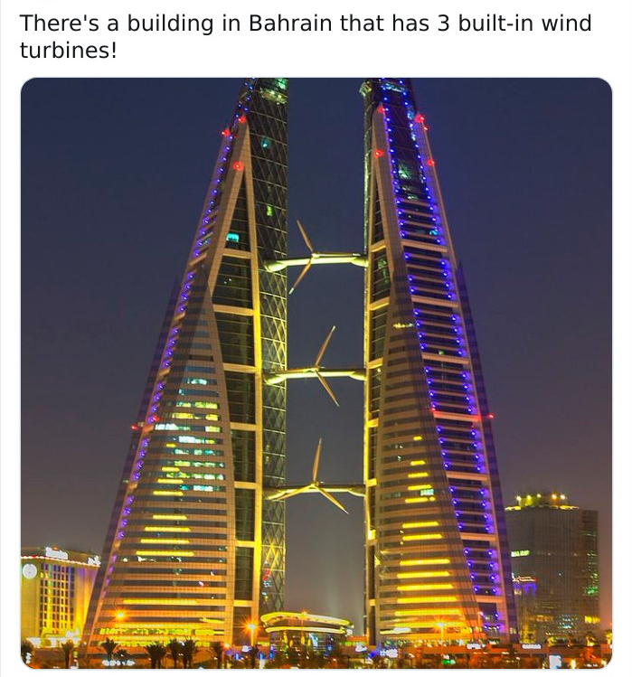 landmark - There's a building in Bahrain that has 3 builtin wind turbines!