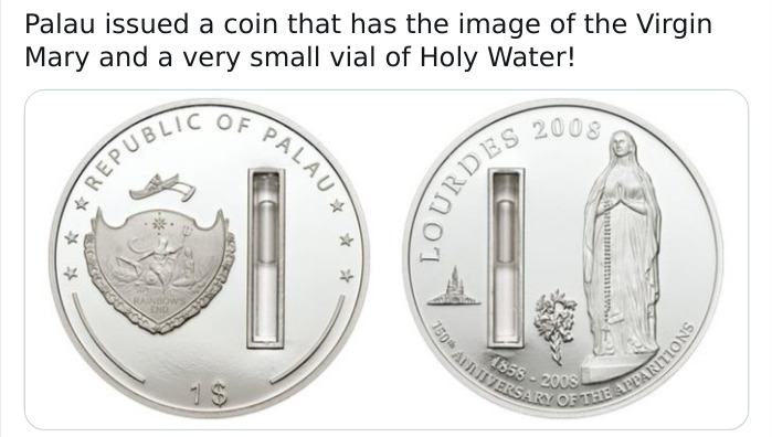 150 Anniversary Of The Apparitions Palau issued a coin that has the image of the Virgin Mary and a very small vial of Holy Water! Of Palau 2008 Republz Salaan Randow End