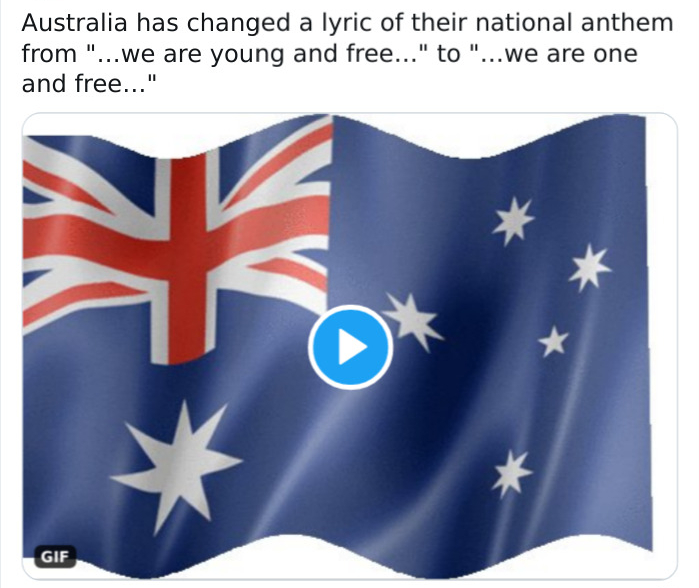 australia flag gif - Australia has changed a lyric of their national anthem from "...we are young and free..." to "...we are one and free..." Gif