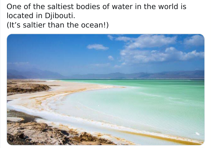 lac assal - One of the saltiest bodies of water in the world is located in Djibouti. It's saltier than the ocean!