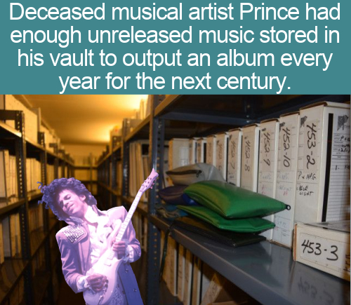 Deceased musical artist Prince had enough unreleased music stored in his vault to output an album every year for the next century. 4529 45210 45323 4533