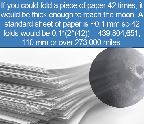 material - If you could fold a piece of paper 42 times, it would be thick enough to reach the moon. A standard sheet of paper is ~0.1 mm so 42 folds would be 0.12442 439,804,651, 110 mm or over 273,000 miles.