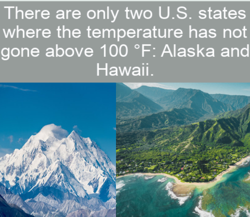 water resources - There are only two U.S. states where the temperature has not gone above 100 F Alaska and Hawaii.