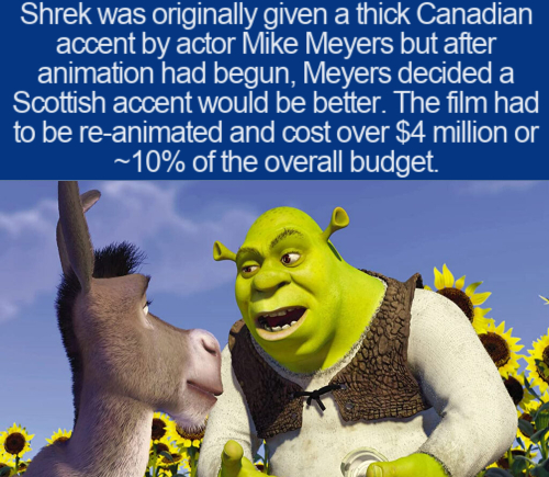 shrek and donkey - Shrek was originally given a thick Canadian accent by actor Mike Meyers but after animation had begun, Meyers decided a Scottish accent would be better. The film had to be reanimated and cost over $4 million or ~10% of the overall budge