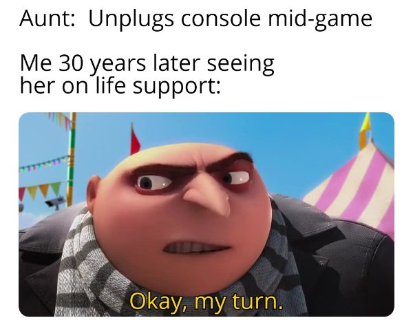 funny memes - Aunt Unplugs console midgame Me 30 years later seeing her on life support Okay, my turn.
