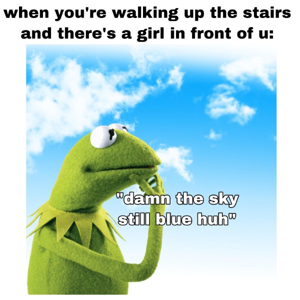 funny memes - when you're walking up the stairs and there's a girl in front of u - damn the sky still blue huha