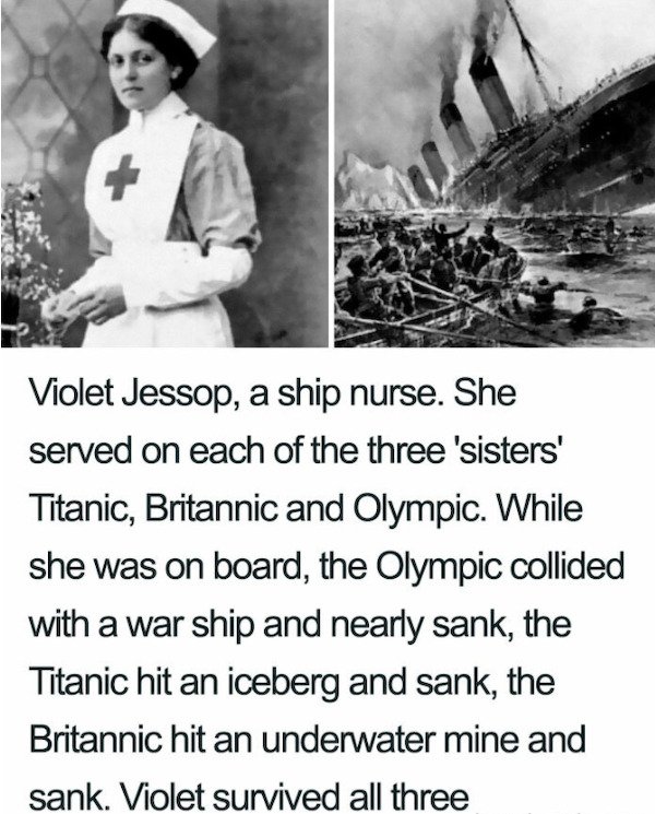 titanic violet jessop - Violet Jessop, a ship nurse. She served on each of the three 'sisters' Titanic, Britannic and Olympic. While she was on board, the Olympic collided with a war ship and nearly sank, the Titanic hit an iceberg and sank, the Britannic