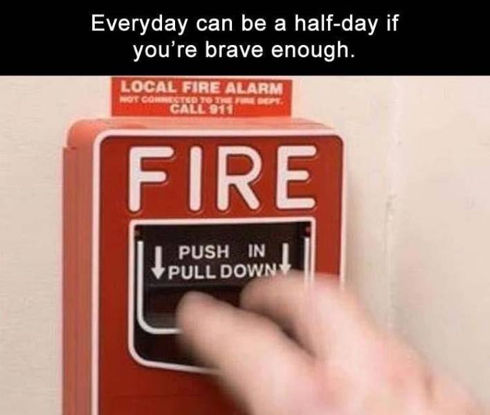 signage - Everyday can be a halfday if you're brave enough. Local Fire Alarm Not Com Ested To Dr. Call 911 Fire Push In Pull Down