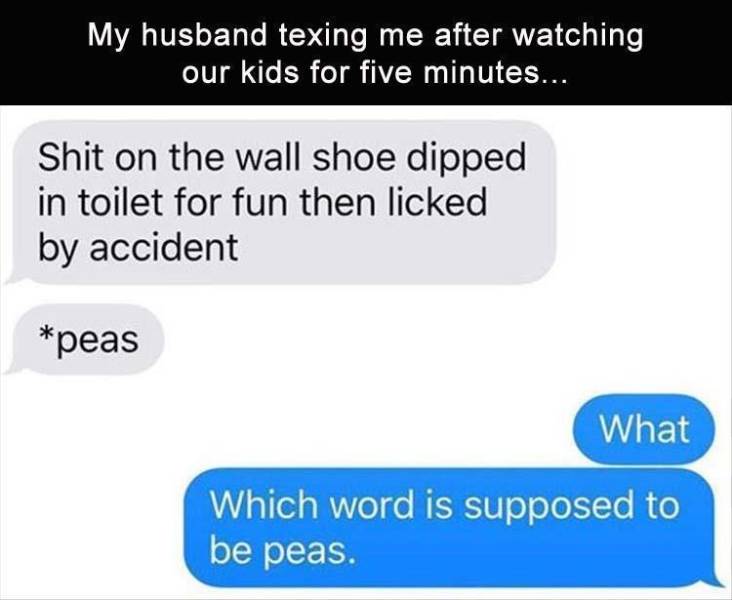 word is supposed to be cat meme - My husband texing me after watching our kids for five minutes... Shit on the wall shoe dipped in toilet for fun then licked by accident peas What Which word is supposed to be peas.