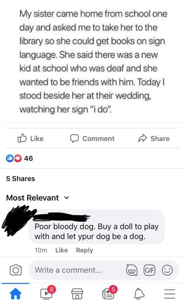 document - My sister came home from school one day and asked me to take her to the library so she could get books on sign language. She said there was a new kid at school who was deaf and she wanted to be friends with him. Today | stood beside her at thei