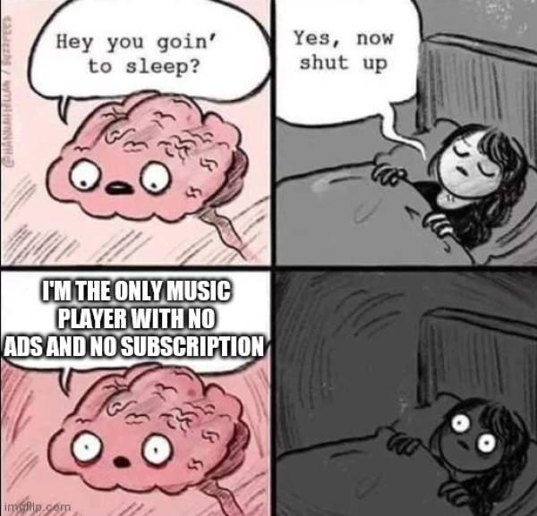 brain waking up meme - Hey you goin' to sleep? Yes, now shut up I'M The Only Music Player With No Ads And No Subscription imgp.com