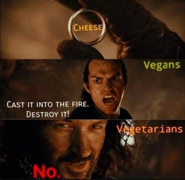 lord of the rings vegan meme - Cheese Vegans Cast It Into The Fire. Destroy It! Vegetarians No.
