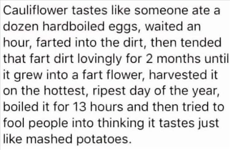 paraiba inscription - Cauliflower tastes someone ate a dozen hardboiled eggs, waited an hour, farted into the dirt, then tended that fart dirt lovingly for 2 months until it grew into a fart flower, harvested it on the hottest, ripest day of the year, boi