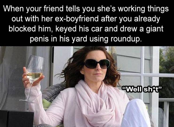 tina fey meme - When your friend tells you she's working things out with her exboyfriend after you already blocked him, keyed his car and drew a giant penis in his yard using roundup. "Well sht
