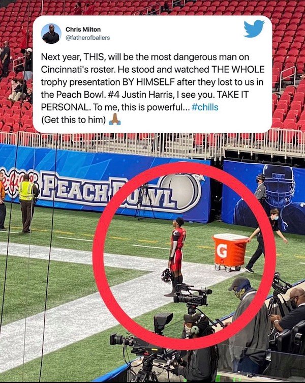 player - Chris Milton Next year, This, will be the most dangerous man on Cincinnati's roster. He stood and watched The Whole trophy presentation By Himself after they lost to us in the Peach Bowl. Justin Harris, I see you. Take It Personal. To me, this is