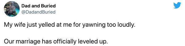 Phrase - Dad and Buried My wife just yelled at me for yawning too loudly. Our marriage has officially leveled up.