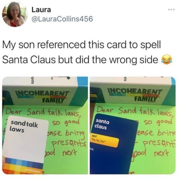 Laura My son referenced this card to spell Santa Claus but did the wrong side pete ete Incohearent Family Dear Sand talk laws, so good Incohearent Family Dear Sand talk laws, so good ease bring presant sand talk laws santa claus zase bring Hint "ho, ho,…