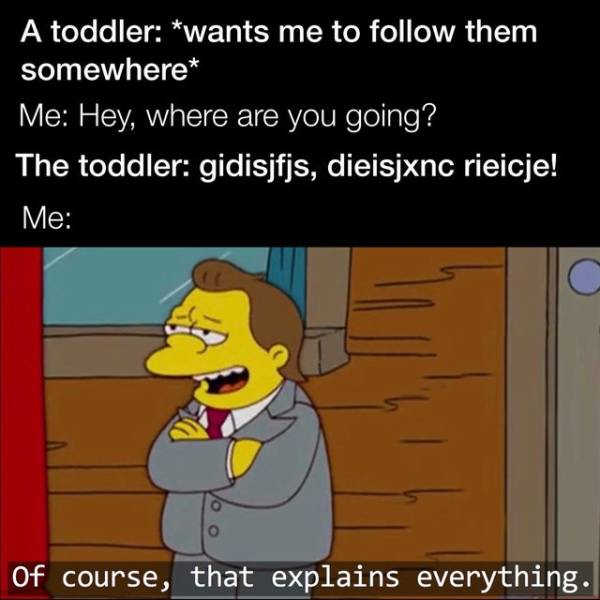 Internet meme - A toddler wants me to them somewhere Me Hey, where are you going? The toddler gidisjfjs, dieisjxnc rieicje! Me Of course, that explains everything.