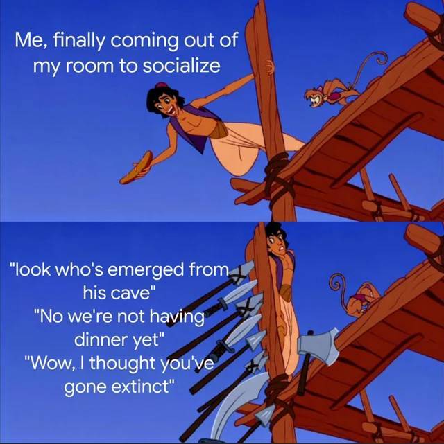 aladdin meme template - Me, finally coming out of my room to socialize "look who's emerged from his cave" "No we're not having dinner yet" "Wow, I thought you've gone extinct"