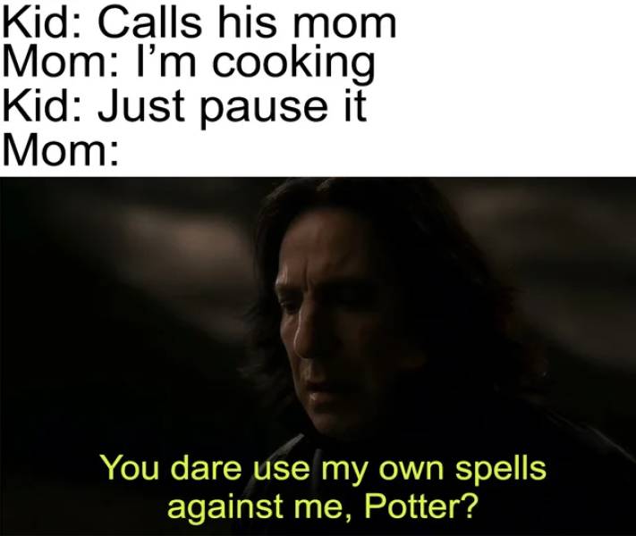 porry hatter relatable memes - Kid Calls his mom Mom I'm cooking Kid Just pause it Mom You dare use my own spells against me, Potter?