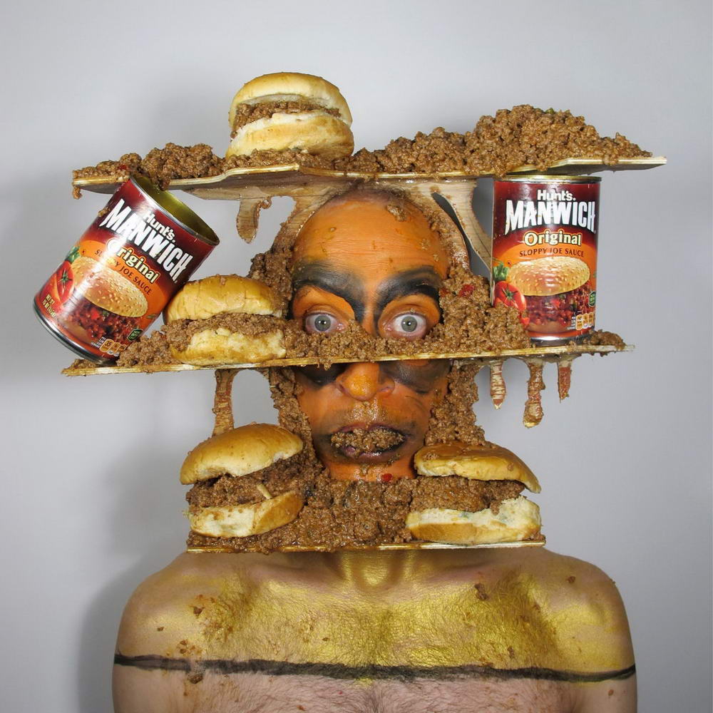 wtf images - david henry nobody jr artist - man covered in sloppy joe meat sandwiches