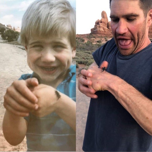 Playing with a cricket, 1980s and 2020.