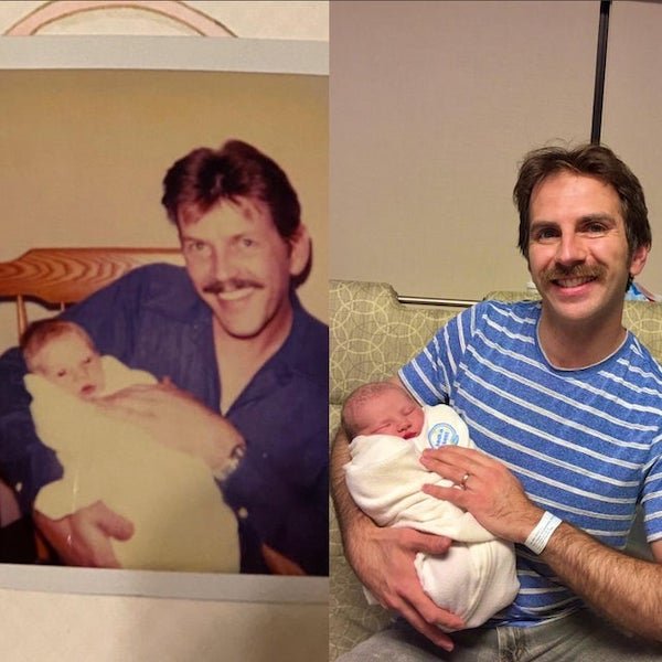 My dad holding me as a baby, me holding my newborn son.