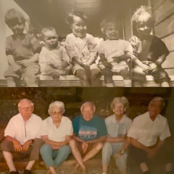 My Grandpa in the middle with his sister Annetta on his left with their best friends 1927 Vs 1992.