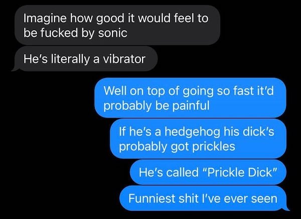 funny text messages - Imagine how good it would feel to be fucked by sonic He's literally a vibrator Well on top of going so fast it'd probably be painful If he's a hedgehog his dick's probably got prickles He's called