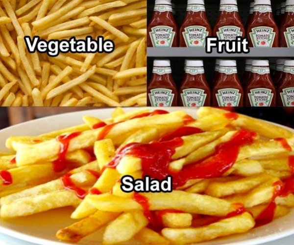 funny memes - french fries ketchup - vegetable fruit salad