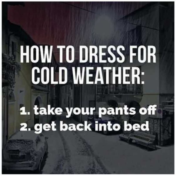 funny cold weather quotes - How To Dress For Cold Weather 1. take your pants off 2. get back into bed