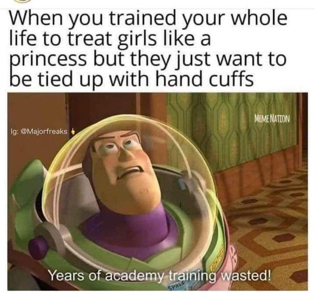 funny math memes - When you trained your whole life to treat girls a princess but they just want to be tied up with hand cuffs Meme Nation Ig Years of academy training wasted! Sprue