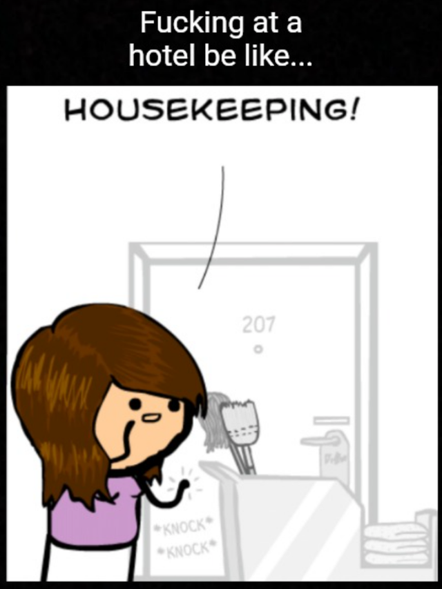 cartoon - Fucking at a hotel be ... Housekeeping! 207 Knock Knock