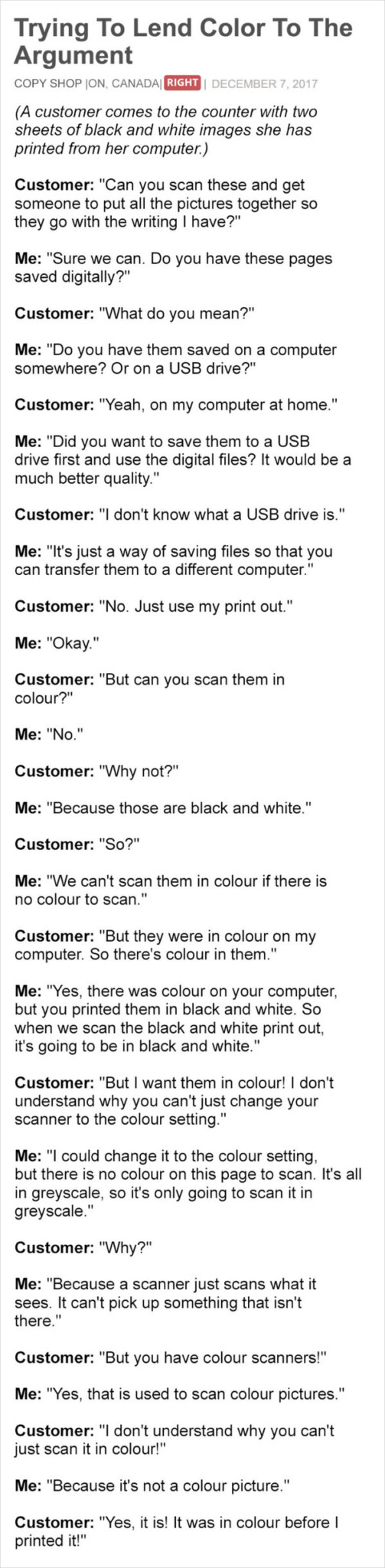 document - Trying To Lend Color To The Argument Copy Shop On, Canada Right | A customer comes to the counter with two sheets of black and white images she has printed from her computer. Customer "Can you scan these and get someone to put all the pictures 