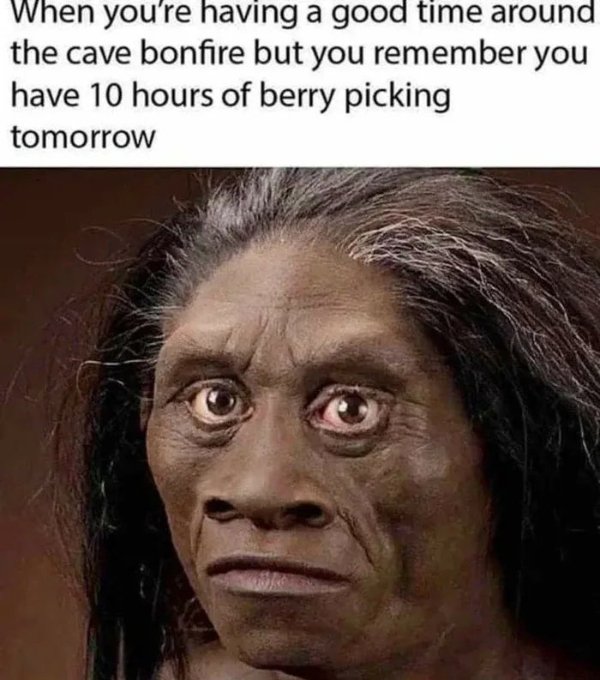 humans 100000 years ago - When you're having a good time around the cave bonfire but you remember you have 10 hours of berry picking tomorrow