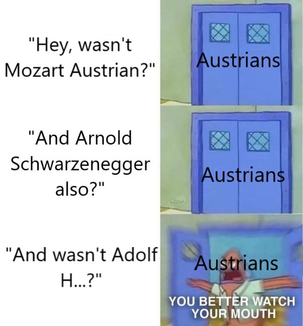 material - "Hey, wasn't Mozart Austrian?" Austrians "And Arnold Schwarzenegger also?" Austrians "And wasn't Adolf H...?" Austrians You Better Watch Your Mouth