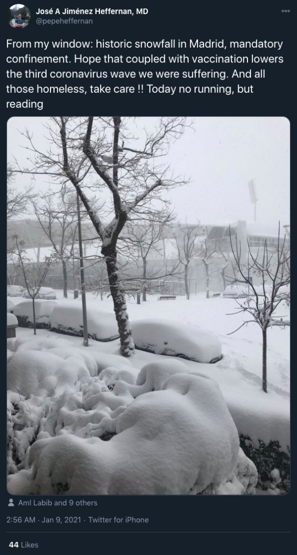 snow - Ooo Jos A Jimnez Heffernan, Md From my window historic snowfall in Madrid, mandatory confinement. Hope that coupled with vaccination lowers the third coronavirus wave we were suffering. And all those homeless, take care !! Today no running, but rea