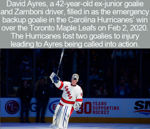 contact sport - David Ayres, a 42yearold exjunior goalie and Zamboni driver, filled in as the emergency backup goalie in the Carolina Hurricanes' win over the Toronto Maple Leafs on . The Hurricanes lost two goalies to injury leading to Ayres being called
