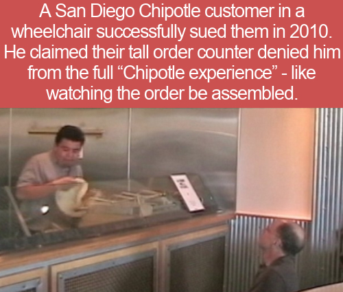 interior design - A San Diego Chipotle customer in a wheelchair successfully sued them in 2010. He claimed their tall order counter denied him from the full Chipotle experience" watching the order be assembled. M