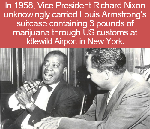 human behavior - In 1958, Vice President Richard Nixon unknowingly carried Louis Armstrong's suitcase containing 3 pounds of marijuana through Us customs at Idlewild Airport in New York.