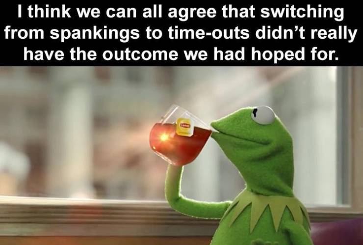 kermit drinking tea - I think we can all agree that switching from spankings to timeouts didn't really have the outcome we had hoped for.