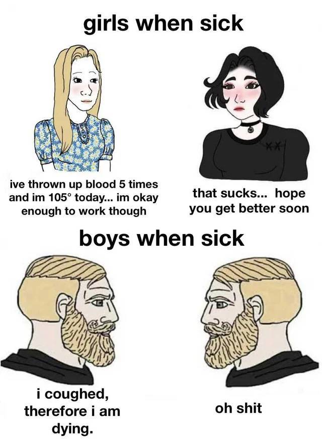 girls vs boys meme - girls when sick ive thrown up blood 5 times and im 105 today... im okay enough to work though that sucks... hope you get better soon boys when sick i coughed, therefore i am dying. oh shit