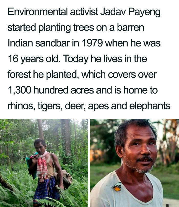 Jadav Payeng - Environmental activist Jadav Payeng started planting trees on a barren Indian sandbar in 1979 when he was 16 years old. Today he lives in the forest he planted, which covers over 1,300 hundred acres and is home to rhinos, tigers, deer, apes
