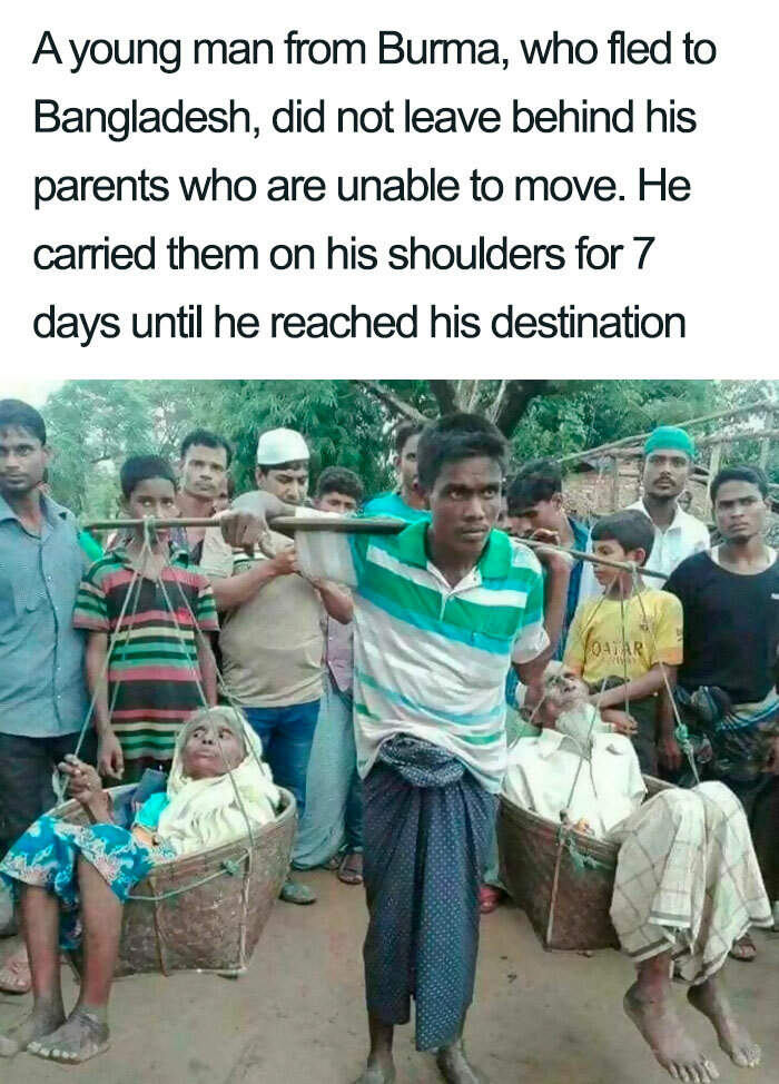 guy carried his parents on his shoulder - A young man from Burma, who fled to Bangladesh, did not leave behind his parents who are unable to move. He carried them on his shoulders for 7 days until he reached his destination Qatar