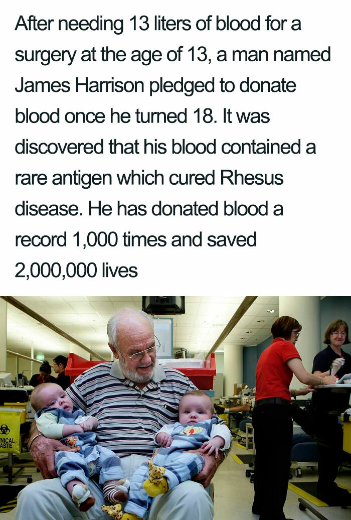 james harrison man with the golden arm - After needing 13 liters of blood for a surgery at the age of 13, a man named James Harrison pledged to donate blood once he turned 18. It was discovered that his blood contained a rare antigen which cured Rhesus di